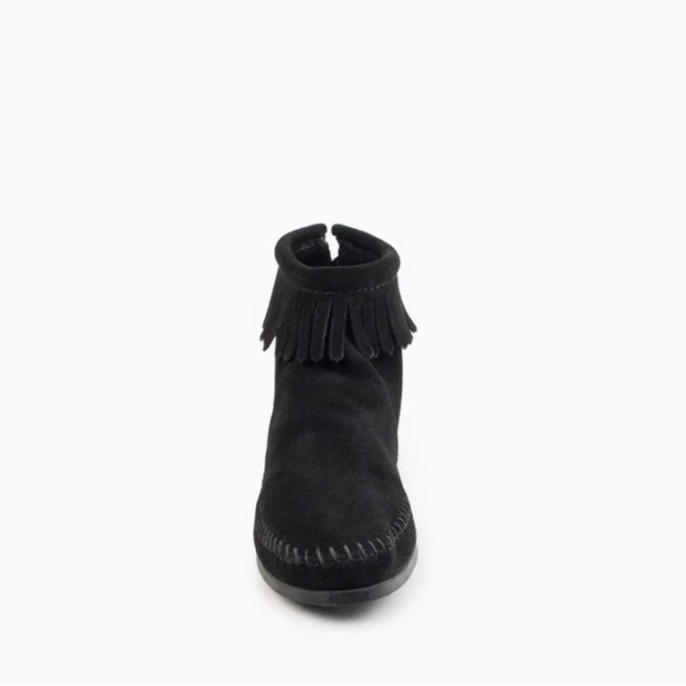 Minnetonka Black Suede Fringe Back Zip Boots Black Size 10 NIB